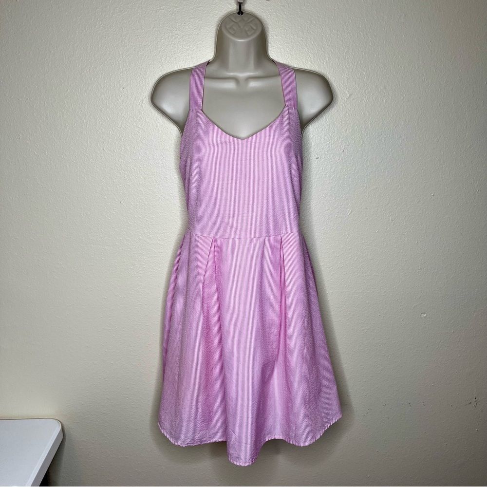Christian Caliendo Pink White Stripe Seersucker Halter Bow Dress Women Small - Picture 2 of 16